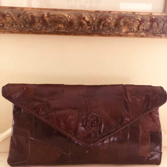 Vintage 1970’s brown leather patchwork Camila flower fold clutch handbag purse - Picture 1 of 6